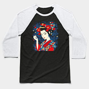 Geisha with Flowers Retro Comic Book Baseball T-Shirt